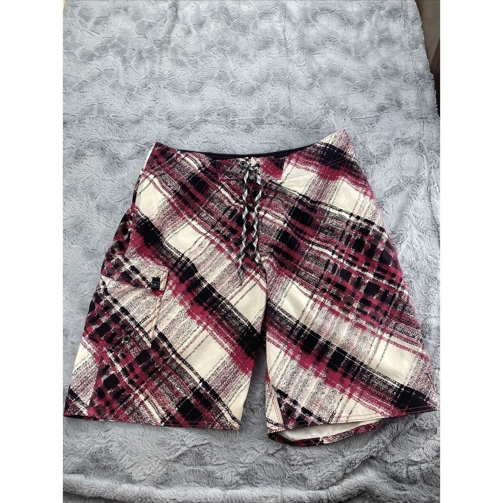 O'Neill Plaid Board Shorts Mens Swim Trunks Burgundy Black White